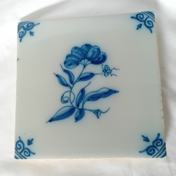 Delft Other - Antique Delft Blue Handpainted Floral Ceramic Tile 5"